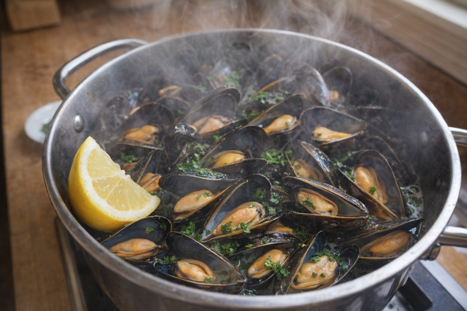 A top-down shot of a pot of steamed mussels, shells open revealing the plump mussel meat, garnished with parsley and a lemon wedge, steam rising, natural daylight